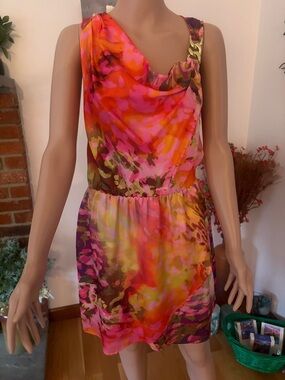 Jennifer Lopez Pink and Orange One-Shoulder Dress with Gold Chain